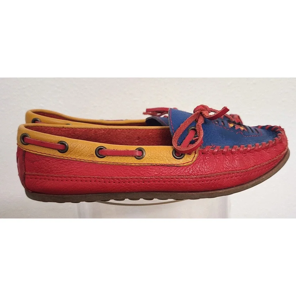 Cherokee US 6 Leather Moccasins Loafers Slippers Boho Festival Red‎ Blue Yellow - Picture 4 of 11